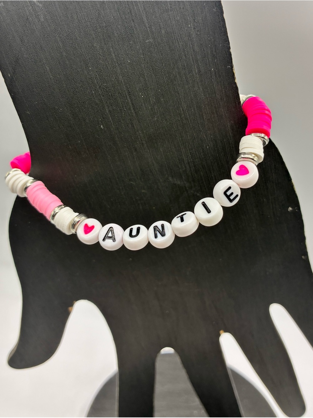 Auntie Beaded Stretch Bracelet - Pink & White - Picture 3 of 3